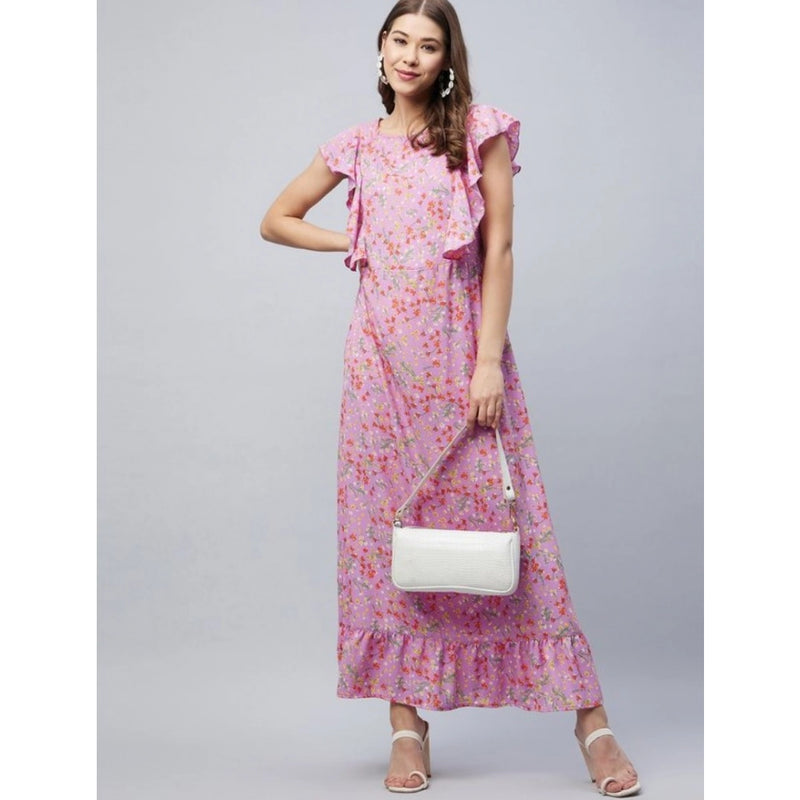Mayawye Women's Polyester Floral Round Neck Flutter Dress (Lavender)