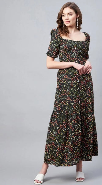 Mayawye Women's Polyester Moss Floral Square Neck Half Sleeve Dress (Black)