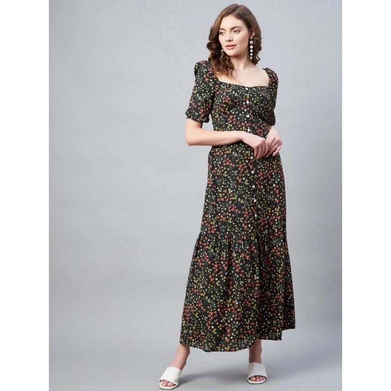 Mayawye Women's Polyester Moss Floral Square Neck Half Sleeve Dress (Black)