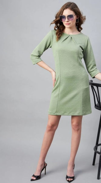 Mayawye Women's Polyester Jacquard Self Design Round Neck 3/4th Sleeves Dress (Olive)