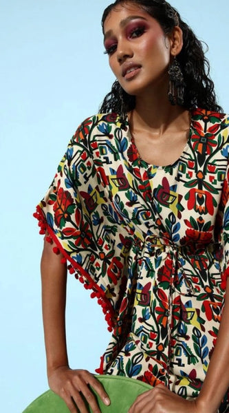 Mayawye Women's Polyester Moss Printed Round Neck Kaftan Sleeve Dress (Multicolor)