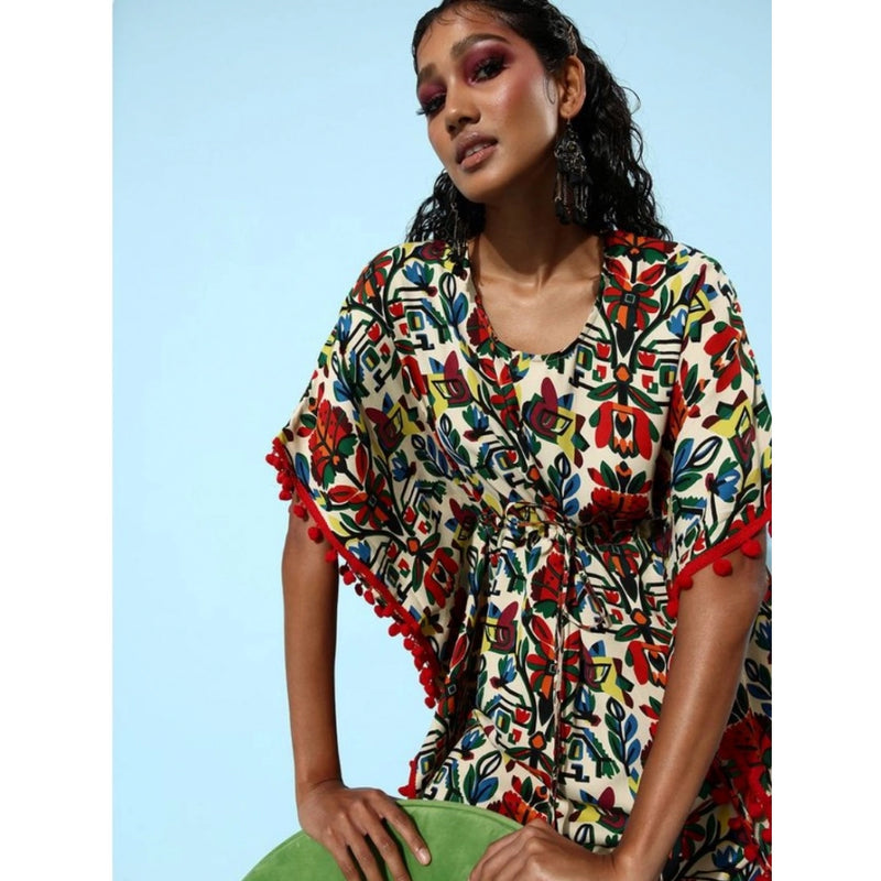 Mayawye Women's Polyester Moss Printed Round Neck Kaftan Sleeve Dress (Multicolor)