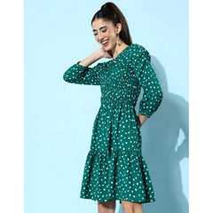 Mayawye Women's Polyester Moss Polka Round Neck 3/4th Sleeves Dress (Green)