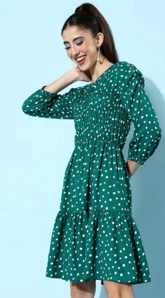 Mayawye Women's Polyester Moss Polka Round Neck 3/4th Sleeves Dress (Green)