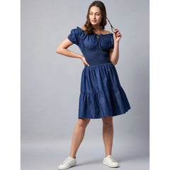 Mayawye Women's Denim Solid Off-Shoulder Short Sleeve Dress (Blue)