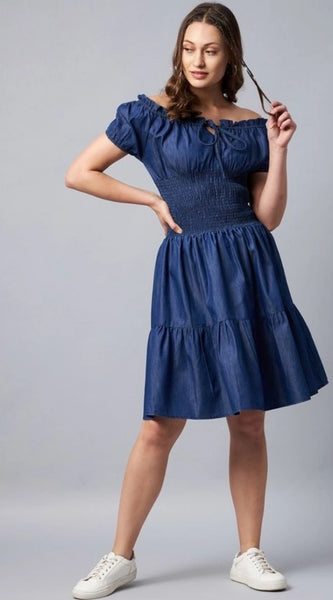 Mayawye Women's Denim Solid Off-Shoulder Short Sleeve Dress (Blue)