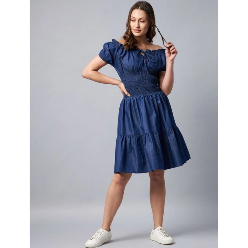 Mayawye Women's Denim Solid Off-Shoulder Short Sleeve Dress (Blue)