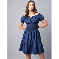 Mayawye Women's Denim Solid Off-Shoulder Short Sleeve Dress (Blue)