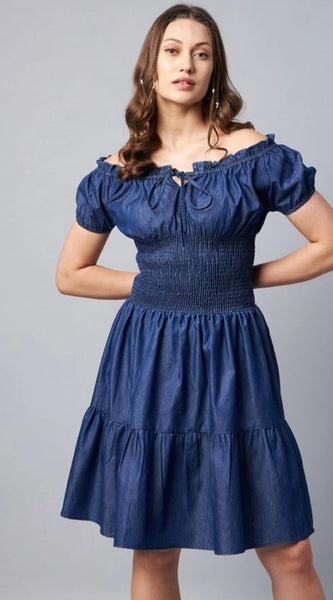 Mayawye Women's Denim Solid Off-Shoulder Short Sleeve Dress (Blue)
