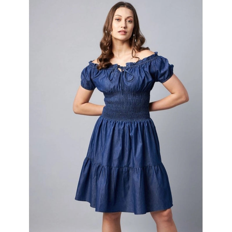 Mayawye Women's Denim Solid Off-Shoulder Short Sleeve Dress (Blue)