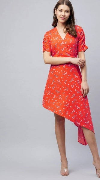 Mayawye Women's Polyester Floral V-Neck Short Sleeve Dress (Orange)