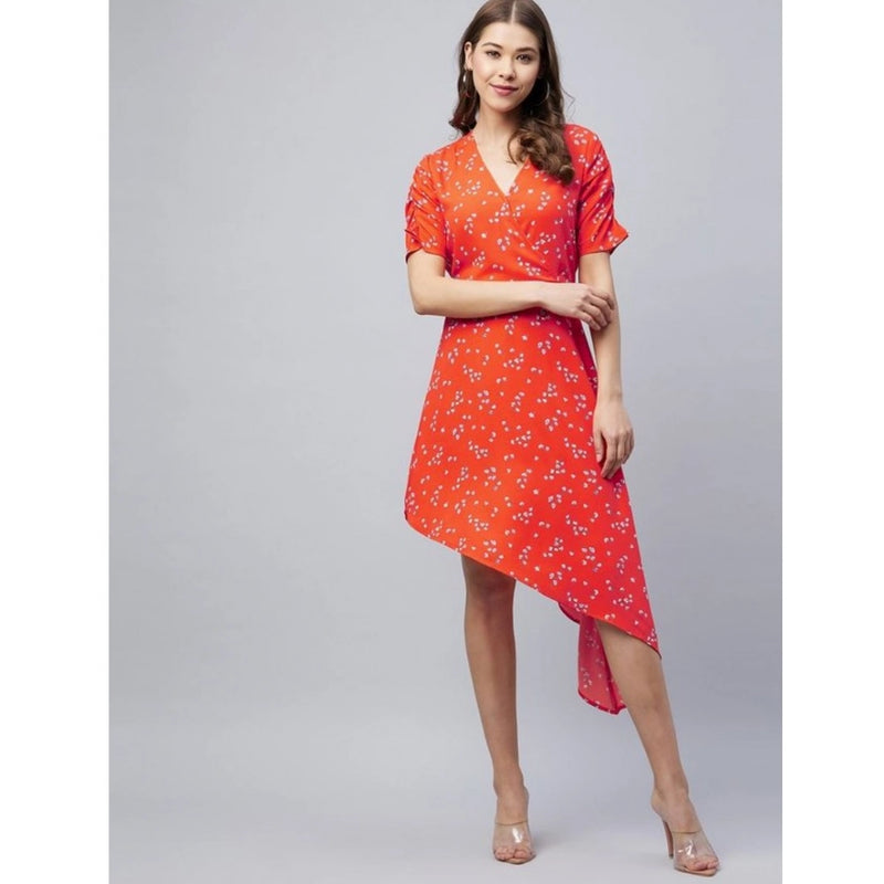 Mayawye Women's Polyester Floral V-Neck Short Sleeve Dress (Orange)