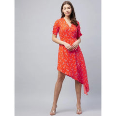 Mayawye Women's Polyester Floral V-Neck Short Sleeve Dress (Orange)