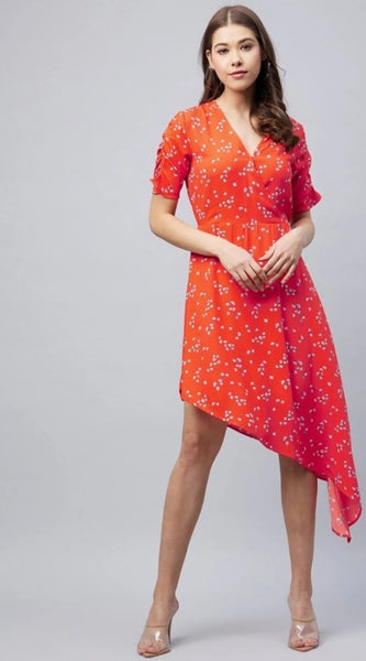Mayawye Women's Polyester Floral V-Neck Short Sleeve Dress (Orange)
