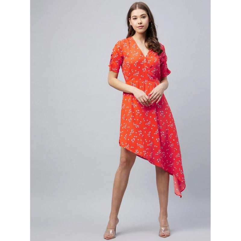 Mayawye Women's Polyester Floral V-Neck Short Sleeve Dress (Orange)