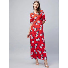 Mayawye Women's Cotton Blend Floral V-Neck Half Sleeve Dress (Blue-Red)