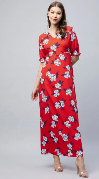 Mayawye Women's Cotton Blend Floral V-Neck Half Sleeve Dress (Blue-Red)