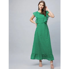Mayawye Women's Polyester Polka Close Neck Flutter Dress (Green)