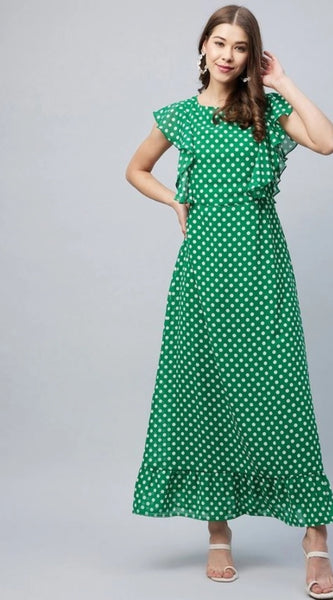 Mayawye Women's Polyester Polka Close Neck Flutter Dress (Green)