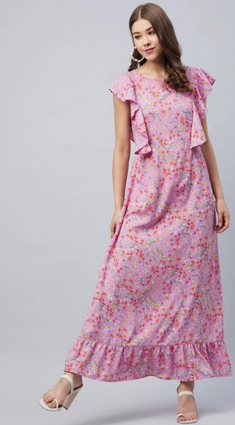 Mayawye Women's Polyester Floral Round Neck Flutter Dress (Lavender)