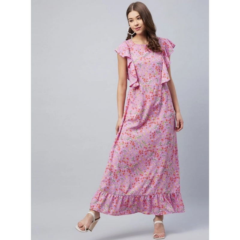 Mayawye Women's Polyester Floral Round Neck Flutter Dress (Lavender)
