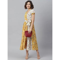 Mayawye Women's Polyester Floral V-Neck Short Sleeve Dress (Yellow-White)