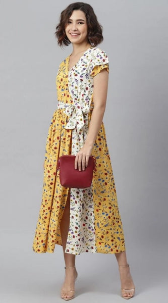 Mayawye Women's Polyester Floral V-Neck Short Sleeve Dress (Yellow-White)