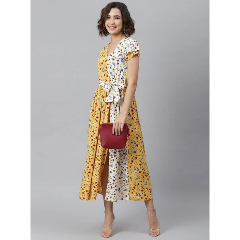 Mayawye Women's Polyester Floral V-Neck Short Sleeve Dress (Yellow-White)
