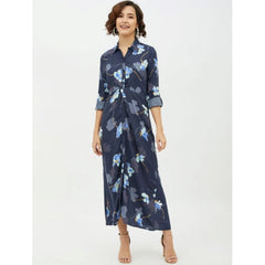 Mayawye Women's Rayon Floral Collar Neck Long Sleeves Dress (Blue)