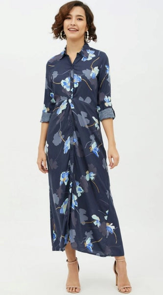 Mayawye Women's Rayon Floral Collar Neck Long Sleeves Dress (Blue)