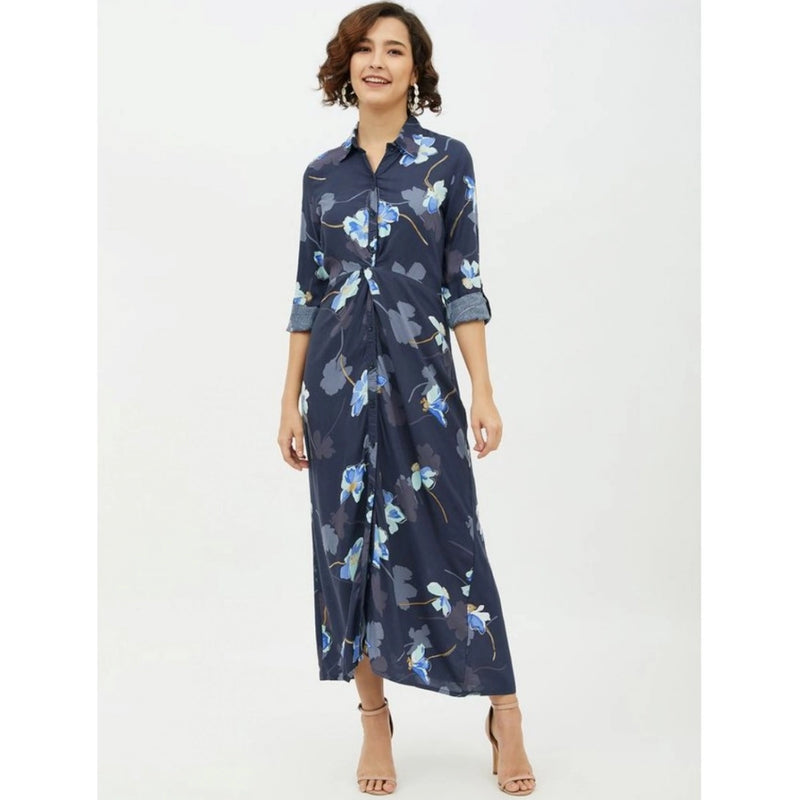 Mayawye Women's Rayon Floral Collar Neck Long Sleeves Dress (Blue)