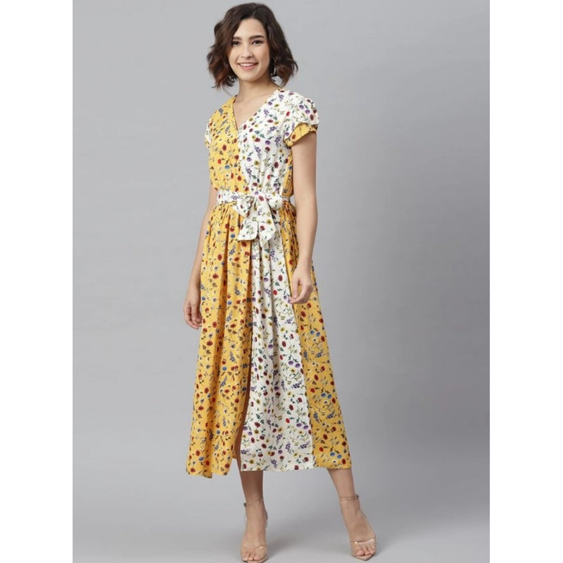 Mayawye Women's Polyester Floral V-Neck Short Sleeve Dress (Yellow-White)