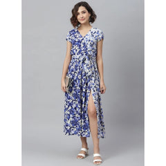 Mayawye Women's Polyester Floral V-Neck Short Sleeve Dress (Purple-White)