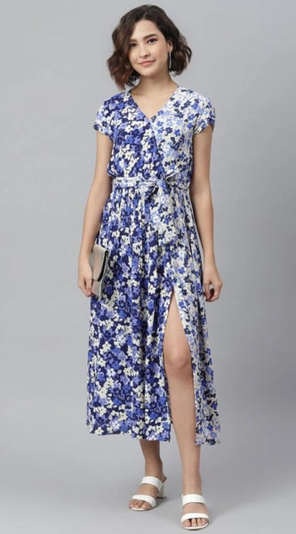 Mayawye Women's Polyester Floral V-Neck Short Sleeve Dress (Purple-White)