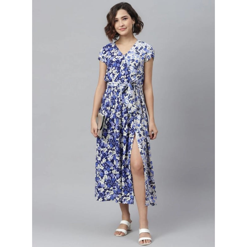 Mayawye Women's Polyester Floral V-Neck Short Sleeve Dress (Purple-White)