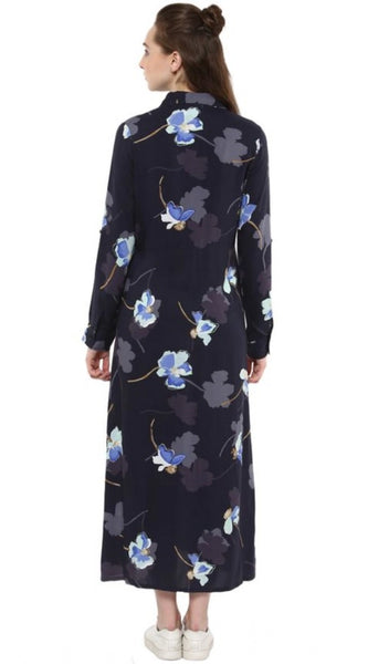 Mayawye Women's Rayon Floral Collar Neck Long Sleeves Dress (Blue)