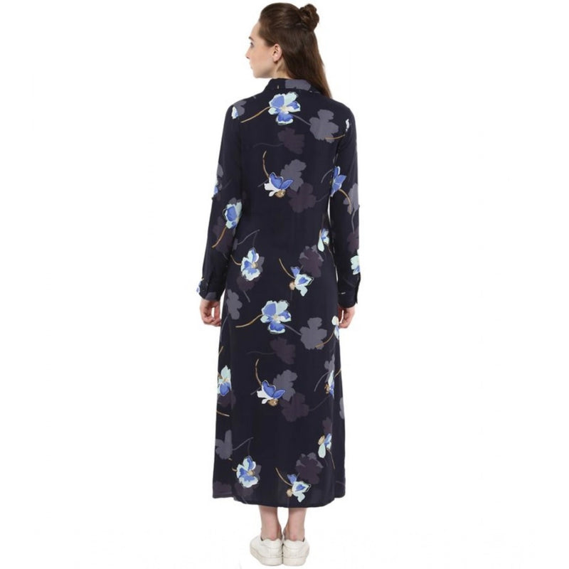 Mayawye Women's Rayon Floral Collar Neck Long Sleeves Dress (Blue)