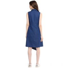 Mayawye Women's Denim Solid Collar Neck Sleeveless Dress (Blue)
