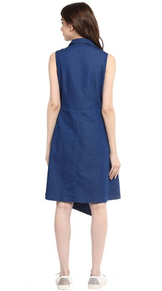 Mayawye Women's Denim Solid Collar Neck Sleeveless Dress (Blue)