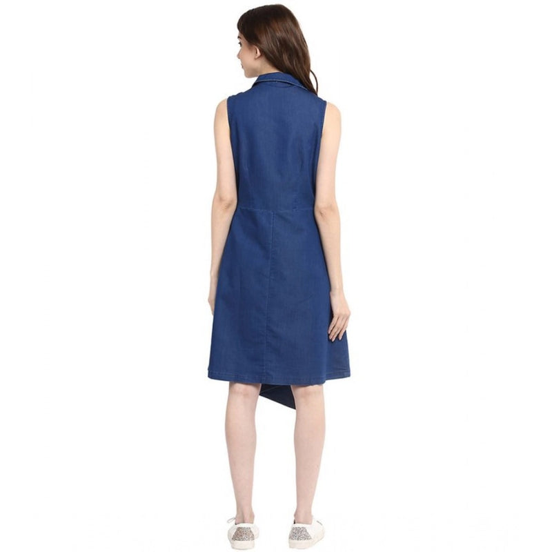 Mayawye Women's Denim Solid Collar Neck Sleeveless Dress (Blue)
