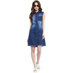 Mayawye Women's Denim Solid Collar Neck Sleeveless Dress (Blue)