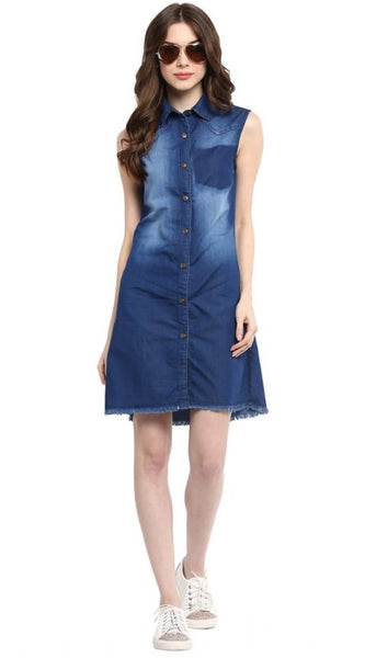 Mayawye Women's Denim Solid Collar Neck Sleeveless Dress (Blue)
