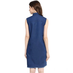 Mayawye Women's Denim Solid Collar Neck Sleeveless Dress (Blue)