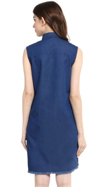 Mayawye Women's Denim Solid Collar Neck Sleeveless Dress (Blue)