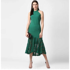 Mayawye Women's Polyester Asymmetrical Close Neck Sleeveless Dress (Green)