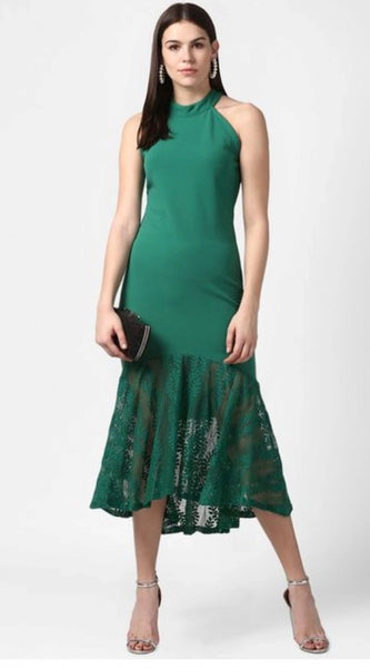 Mayawye Women's Polyester Asymmetrical Close Neck Sleeveless Dress (Green)