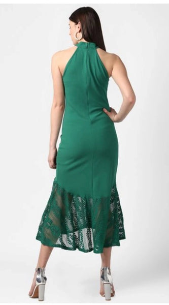 Mayawye Women's Polyester Asymmetrical Close Neck Sleeveless Dress (Green)
