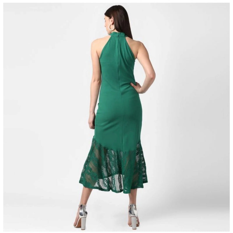 Mayawye Women's Polyester Asymmetrical Close Neck Sleeveless Dress (Green)