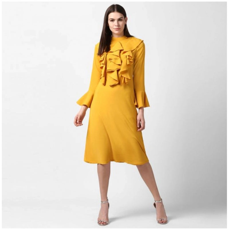 Mayawye Women's Polyester Ruffled Close Neck Long Sleeves Dress (Yellow)