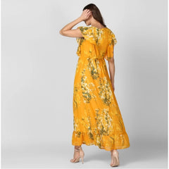 Mayawye Women's Polyester Floral Round Neck Butterfly Sleeve Dress (Yellow)